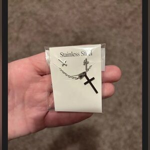 Stainless Steel - Cross Necklace and Earring Set - Silver Tone